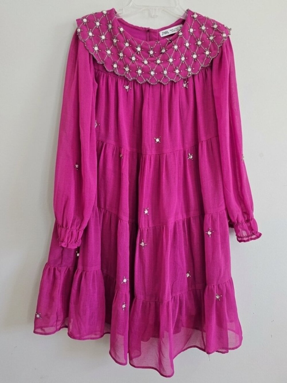 Zara Kids Rhinestone Collar Tiered Chiffon Dress Magenta Berry Purple Size 7